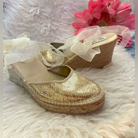 Steve Madden Boca Gold Glitter Espadrille Wedge Ankle Tie Sandals 9 - Picture 1 of 6